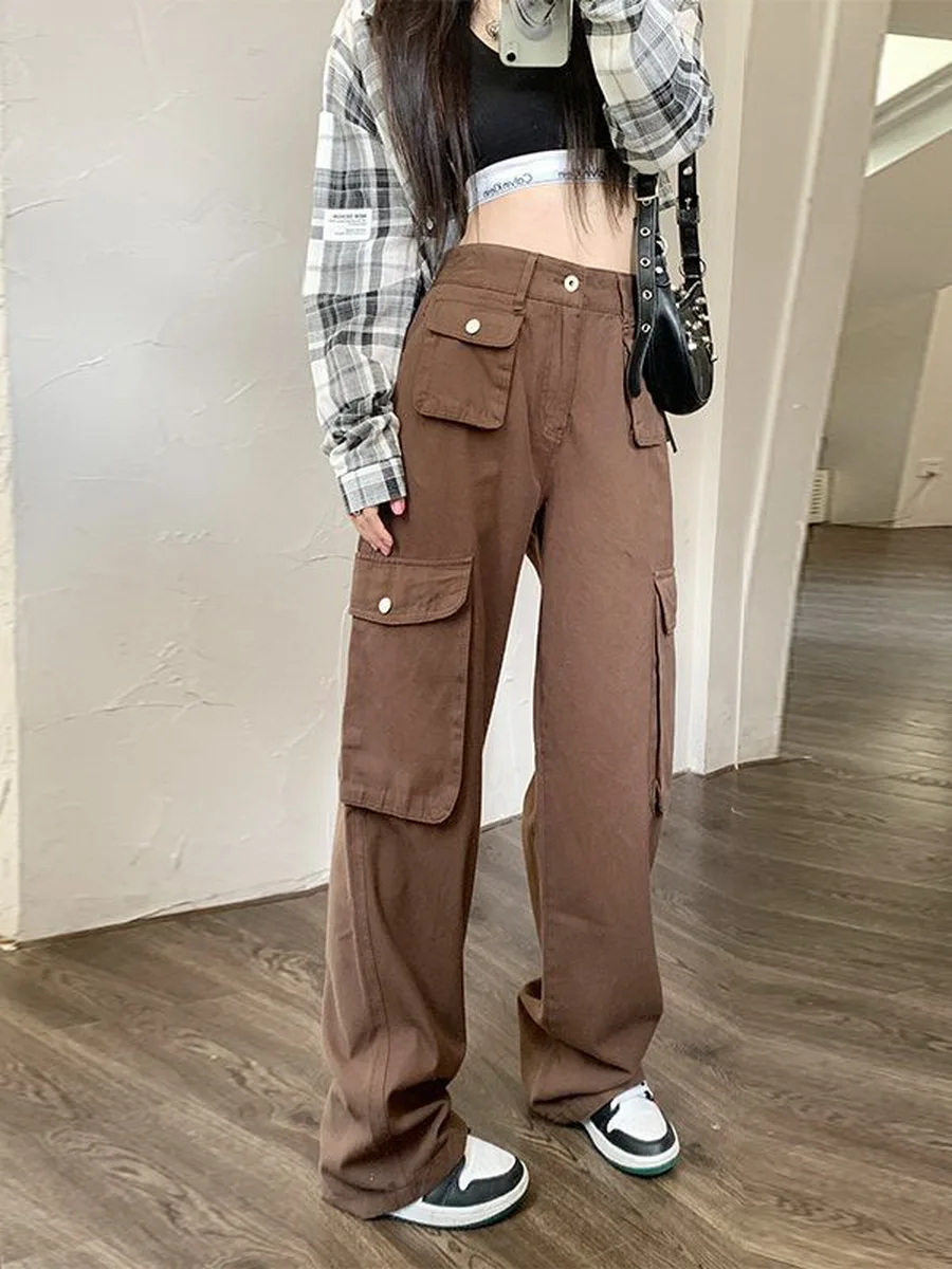 

women Straight Leg Tactical Pants Big Pocket Solid Color Overalls Trendy Design Loose Hip Hop Streetwear for men