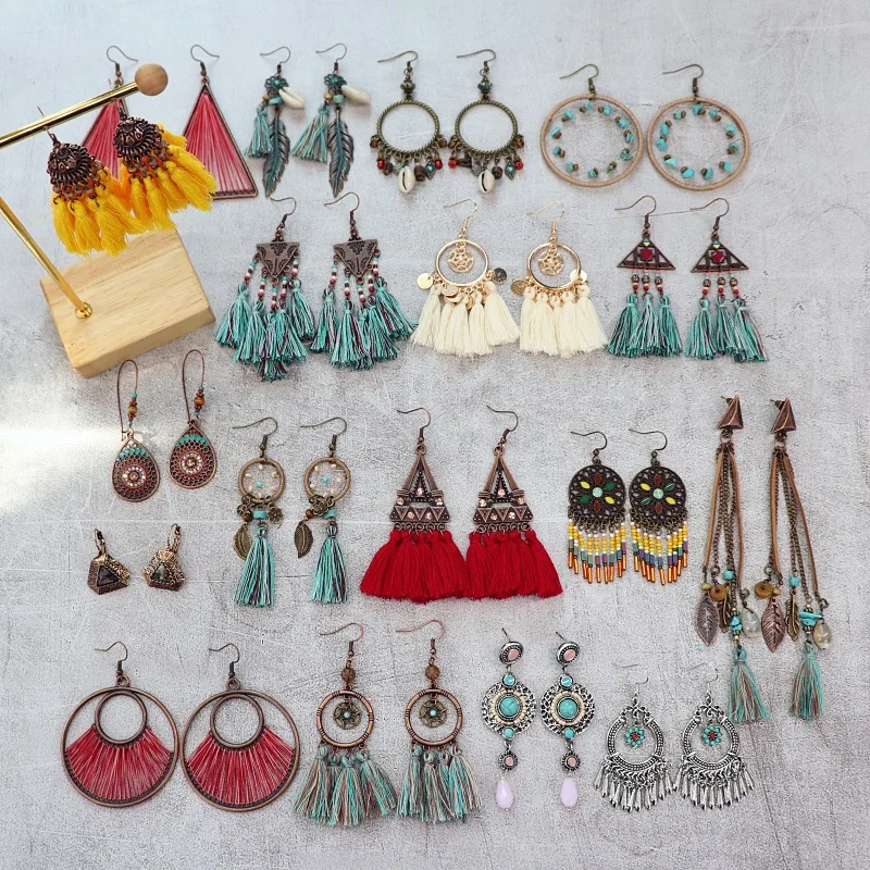 

Ethnic Bohemia Style Earrings for Women Copper Silver Inlay Turquoise Luxury Jewelry Dream catcher Shaped Long Tassel Ornaments