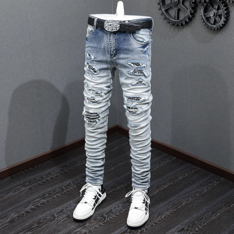 Street Fashion Men Jeans Retro Blue Stretch Elastic Broken Patched Designer Ripped Jeans Men Skinny Hip Hop Brand Pants Hombre