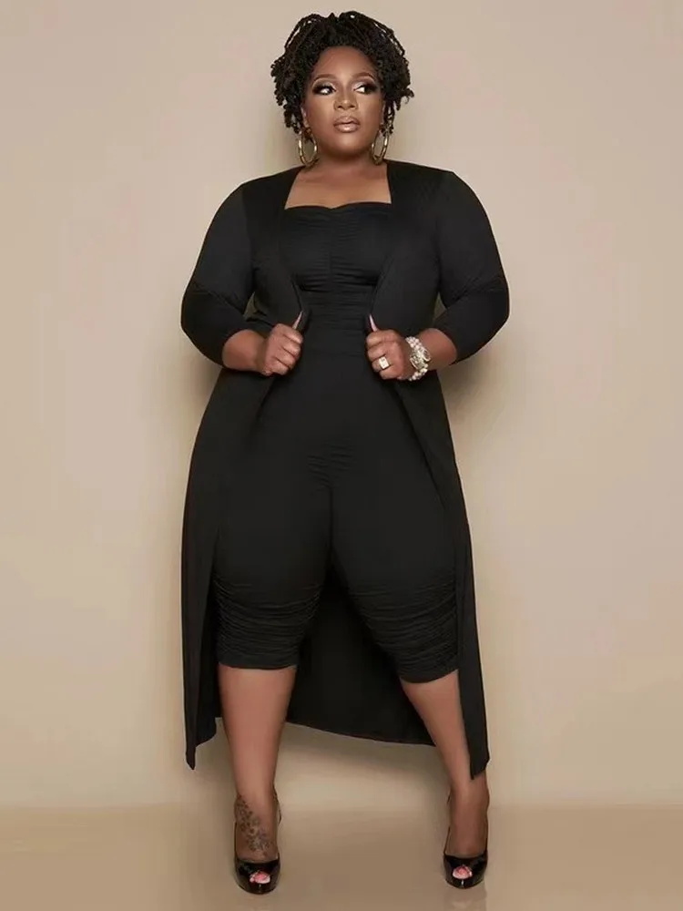 

ZJFZML ZZ Plus Size 2 Piece Matching Suits Female Tracksuits Strapless One Piece Jumpsuit with Long Sleeve Open Stitch Partywear