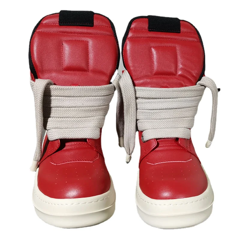 

Rmk Owews Men's Women's Shoes High-quality Short Boots Cowhide High-top Red Wide Shoelaces Thick-bottomed Large-size Sneakers
