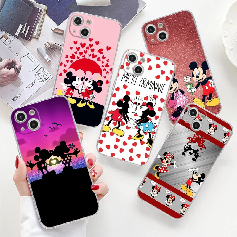 

Clear Case For Apple iPhone 15 14 13 Pro Max 11 12 XR 7 8 Luxury Back Soft Phone Cover TPU Silicone Funda Mickey And Minnie Cute