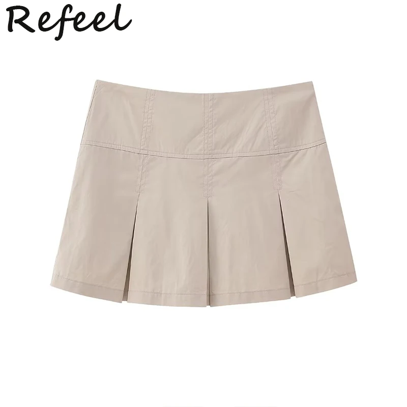 

Refeel Summer Women Mini Skirt Streetwear Solid Lining Easy-fit High Waist Fashion Designer Pleated Zipper Short Femme Vestidos