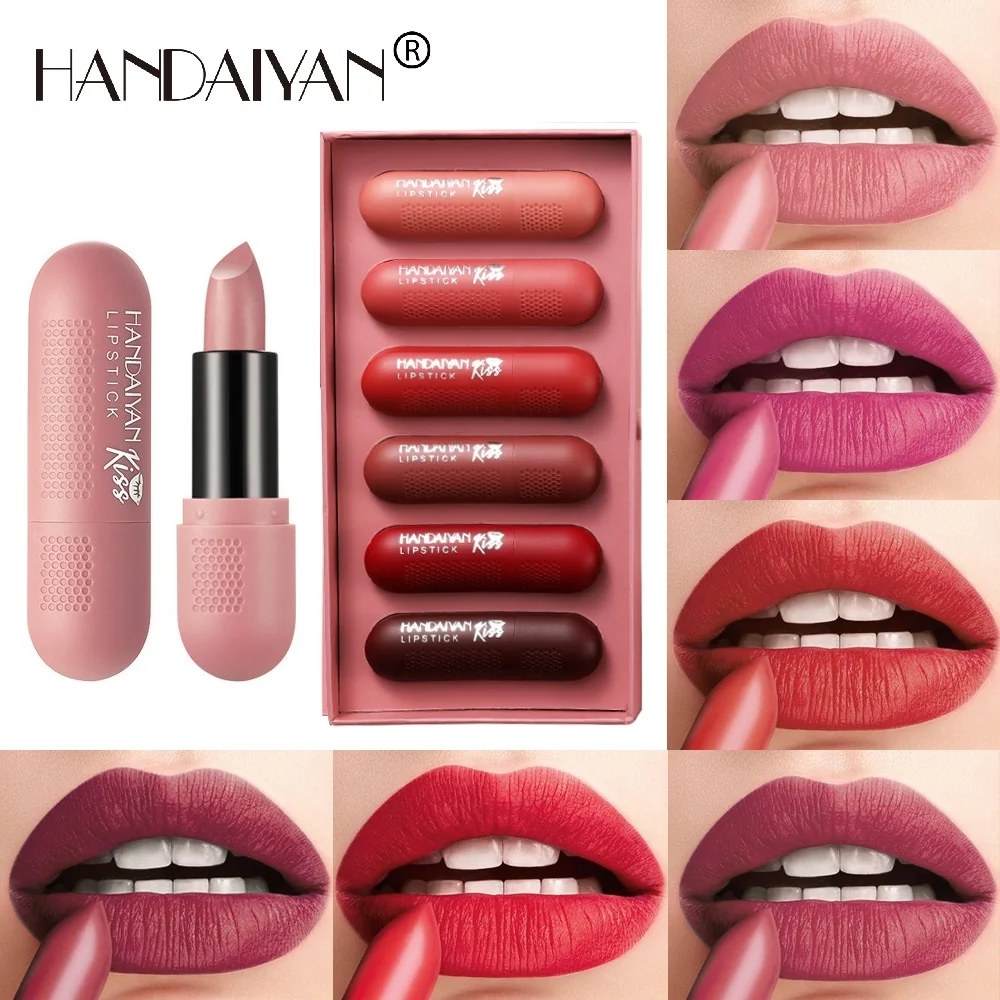 Handaiyan 6pcs Matte Lipstick Set Tint Velvet Nude Pink Burgundy Lip Stick Red Long Lasting Lipstic Cosmetics Women Makeup