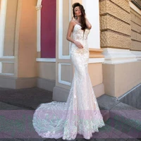 retro ivory mermaid wedding dresses lace v neck tulle draped satin 2022 floor length open back high quality gowns robe de ma