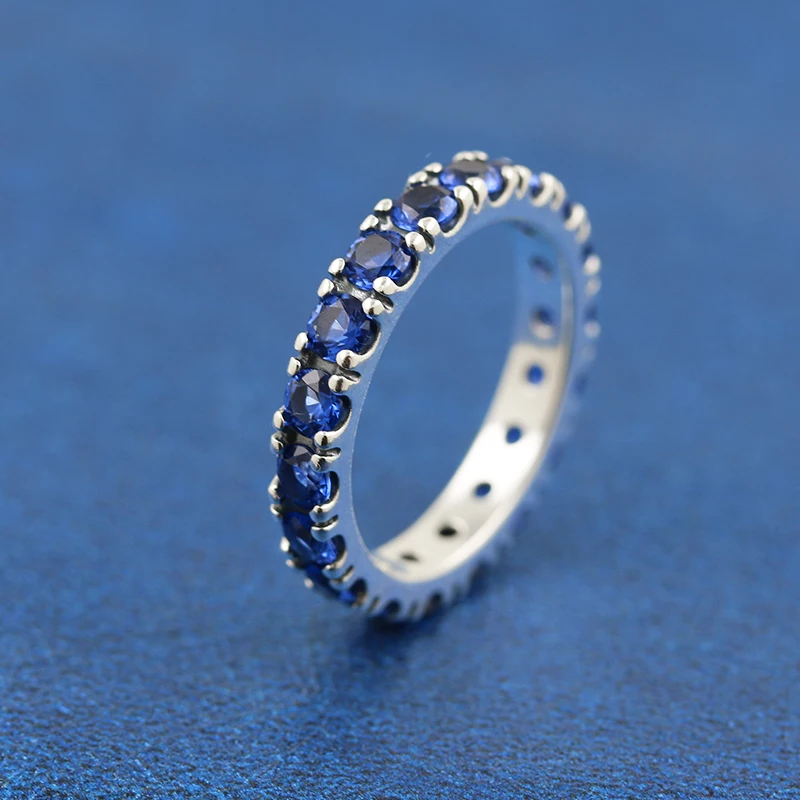 

925 Sterling Silver Sparkling Row Eternity Ring with Blue Cz Fashion Pandora Style Jewelry Ring For Women