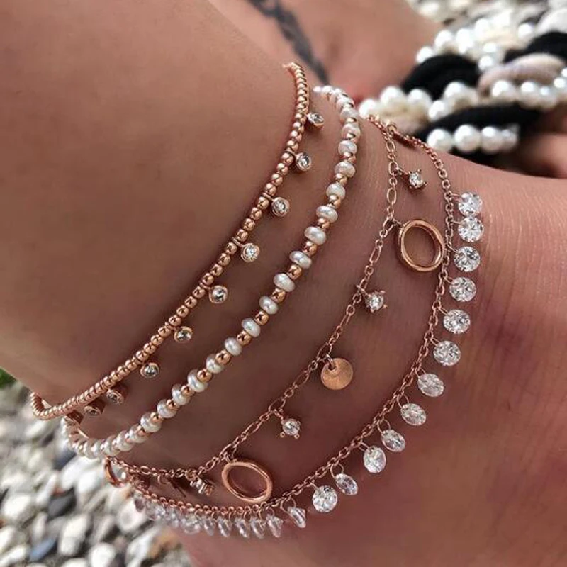

Tocona Charm Shiny Crystal Pendant Anklet Set White Beads Fine Gold Anklets Multilayer Geometric Pendant Foot Chain jewelry 8616
