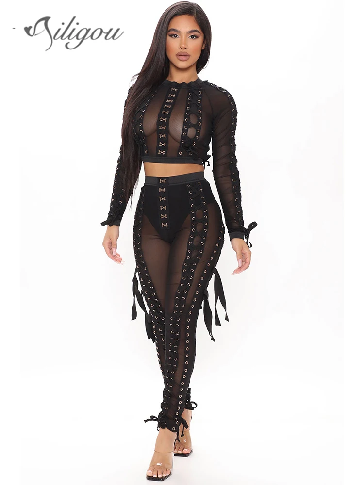 Ailigou Perspective Mesh Tulle Round Neck Two-Piece Set Women'S Sexy Tight Long Sleeve Top + Split Pants With 2-Piece Club Set