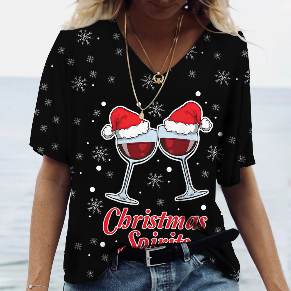 

Женская рождественская футболка с рисунком винного бокала в стиле Харадзюку, костюм с коротким рукавом и V-образным вырезом, Уличная Повсед...