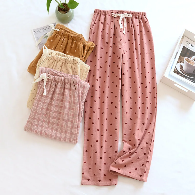 

New Brushed Fabric Trousers Women Cotton Loose Drawstring Sleep Bottoms Thin Comfortable Casual Home Clothes Elastic Waist Pants
