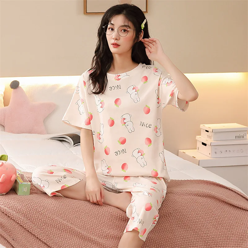Short-sleeved pajamas women's summer cotton seven-part pants women's loungewear sets can be worn outside two-piece