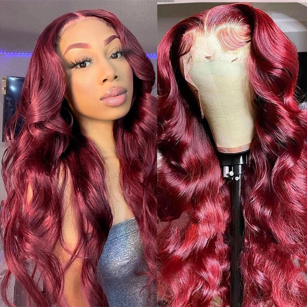 13x4 13x6 Hd Lace Frontal Wig Body Wave Wig Burgundy Lace Front Wig Glueless Human Hair Pre Plucked 99j Red Colored Wig 30 inch