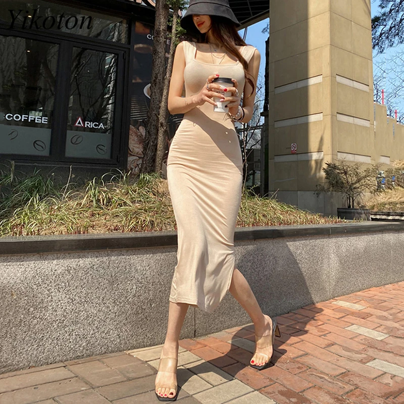 

Korean Summer Dresses Women's Fashion Dresses 2022 New Retro Square Neck Sexy Split Hips Sleeveless Long Dress Female Vestidos