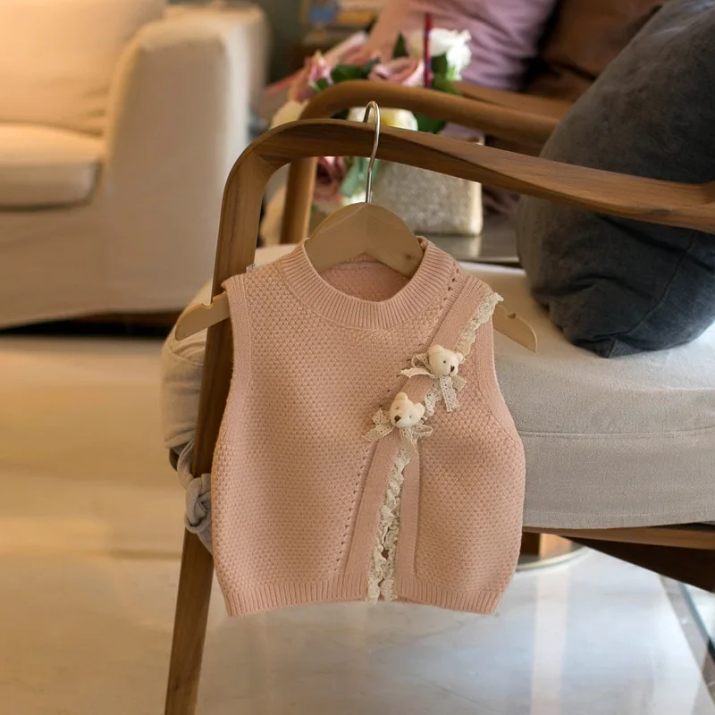 

Baby Girls Clothes Autumn Knit O-neck Princess Sleeveless Outerwear Sweet Cute Vest Sweater Children Waistcoats