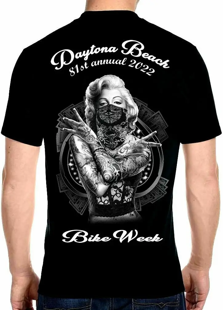 

Mens Daytona Beach Bike Week 2022 Marilyn Monroe Tattoo Babe Tee Shirt