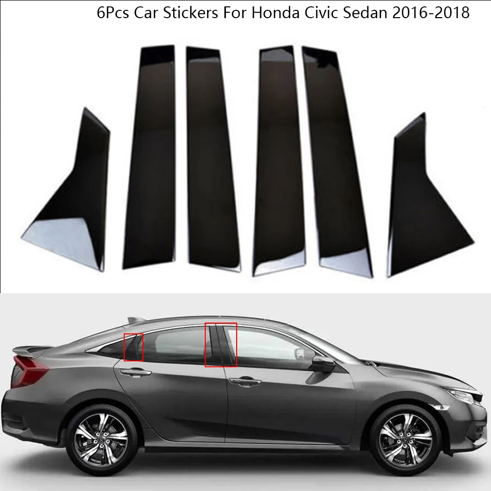 

6Pcs Carbon Fiber Black Window Pillar Middle Column Post Trim Cover For Honda Civic Sedan 2016-2018 Car Styling Accessories