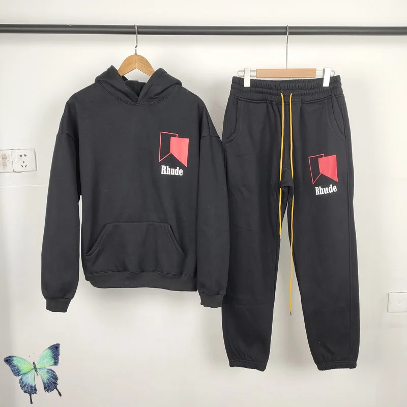 

Rhude Fleece Hoodie Sweatshirt Set Men Women 2023 Winter Warm Tracksuit Couple Casual Dress Suit