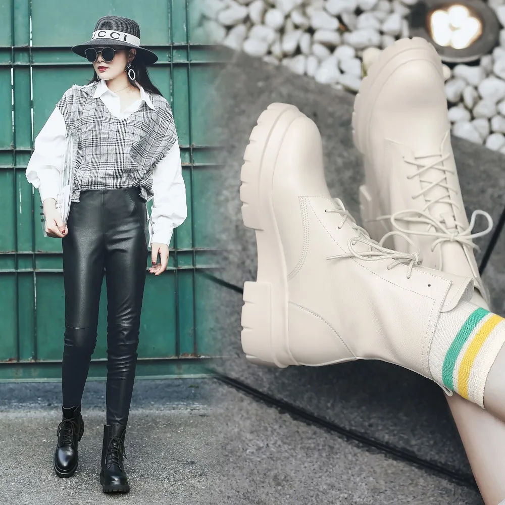 

Новинка 2021, весенняя обувь, женские ботинки из натуральной кожи, модные женские короткие ботинки, черные женские ботинки, ботинки на платфор...