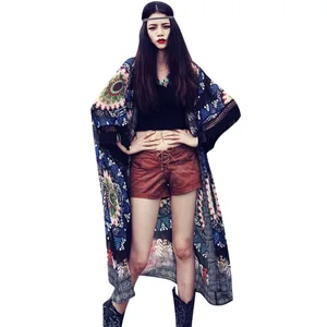 Винтажная пикантная женская шифоновая блузка топы кимоно с кисточками длинный кардиган Повседневная Цветочная верхняя одежда