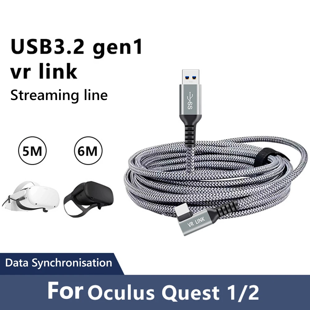 

For Oculus Quest 2 Elbow 60W PD Fast Charging USB3.2 Gen1 5Gbps Type A/Type-C to Type-C Data Transfer Cord Line Link Cable 5M/6M