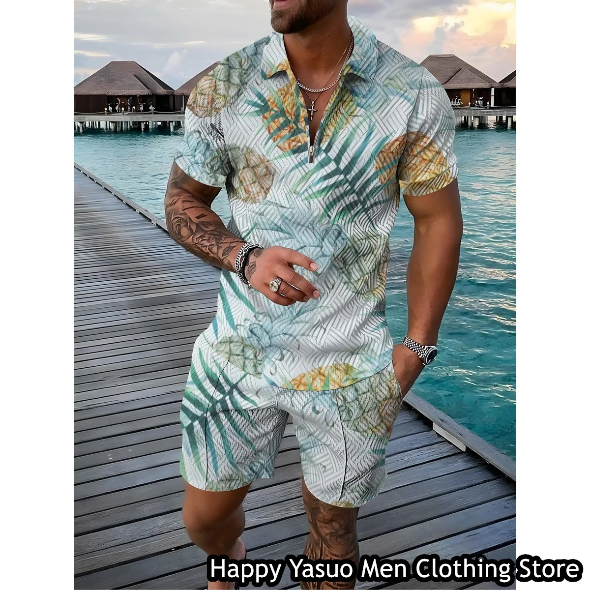 Summer Men Fashion Polo Shirt Set 2 Pieces Casual Tracksuit Fruit Printing Outfit Male Suit Retro Style Hawaii Clothing