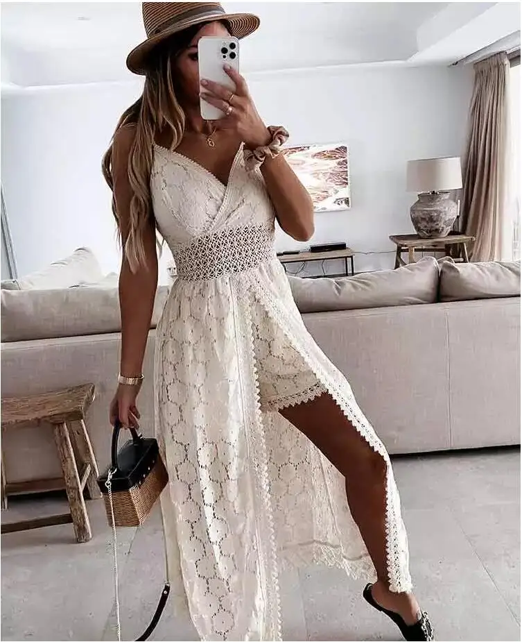 

Sexy Off Shoulder Holiday Lace V Neck Spaghetti Strap Sundress White Vestidos