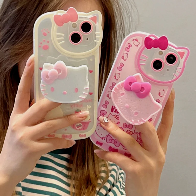 

2022 New Sanrio Kt Cat Stand Phone Case for Iphone 11 12 13 Pro Max Mini X Xs Xr 7 8 Plus Shockproof Cover Girl Gift