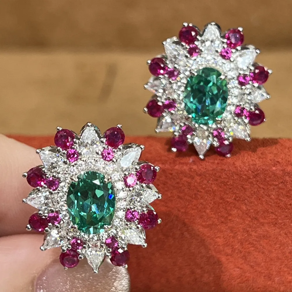 

Big Flowers Bling Emerald Green Agate Crystal Red Gemstones Diamonds Luxury Stud Earrings for Women White Gold Filled Jewellery