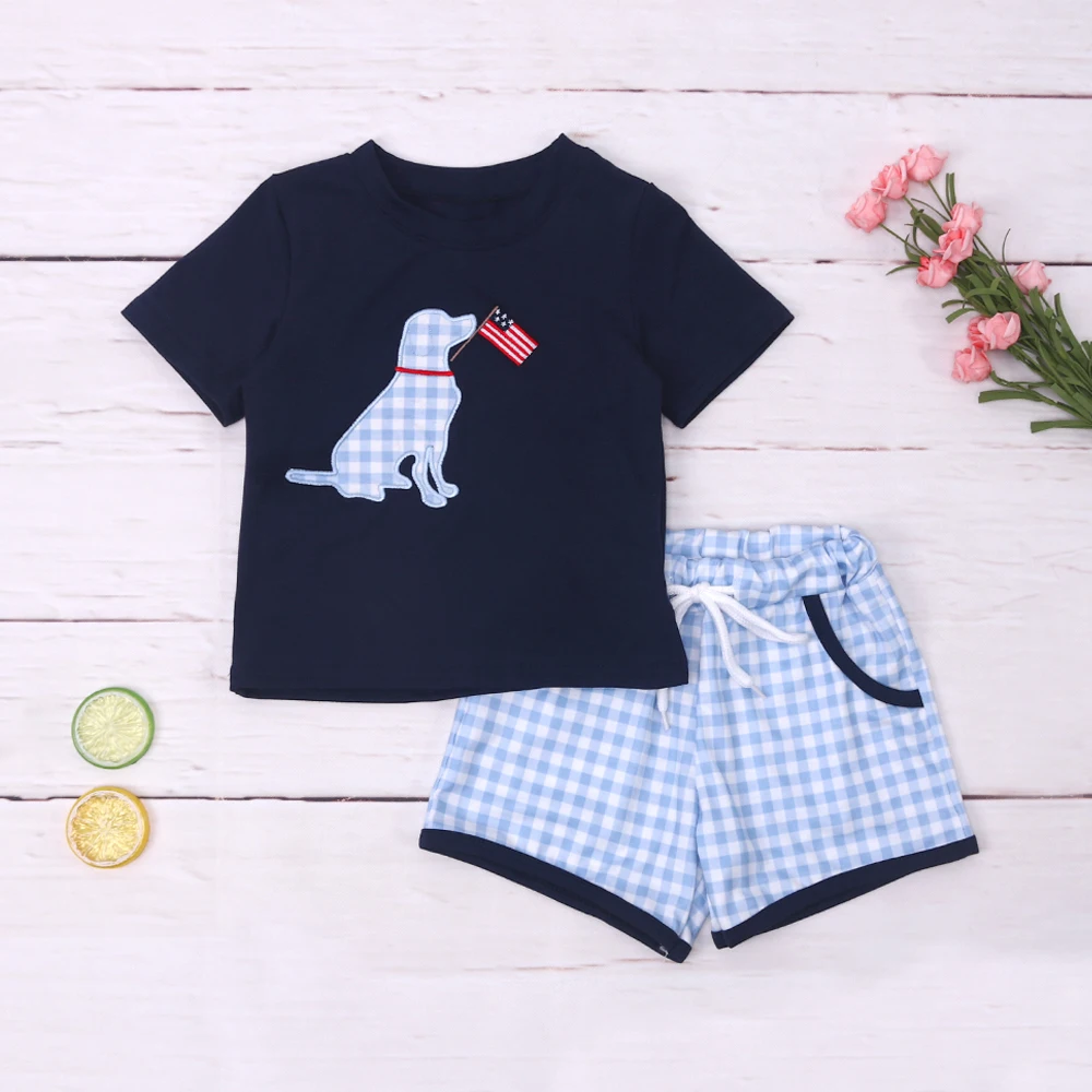 

Independence Day 1-8T Bebe Outfits Baby Boy Clothes Set Puppy Embroidery Bodysuit Toddler Sleeve Summer T-shirt Lattices Shorts