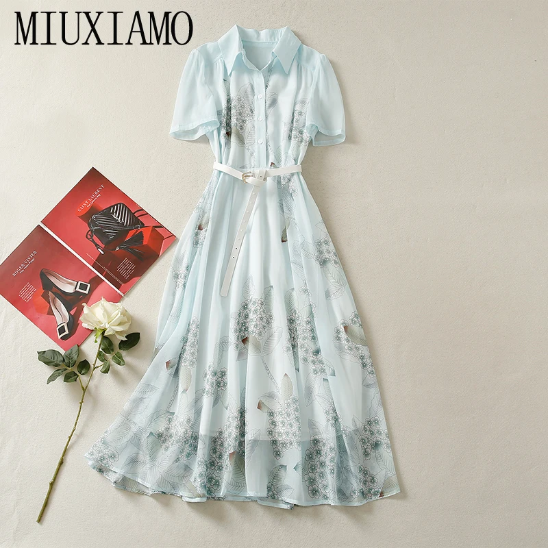 MIUXIMAO 2022 High Quality Spring&Summer Elegant Dress Long Sleeve Lapel Print Belt Fashion Casual Long Dress Women Vestides