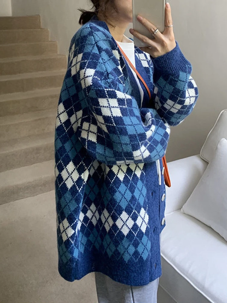 Женский вязаный кардиган-бойфренд Sungtin в Корейском стиле с ромбовидным узором