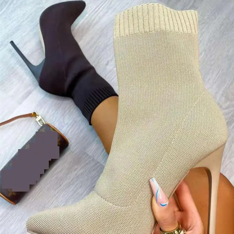 Winter Sock Boots Sexy Knitting Stretch High Heels For Women Fashion Shoes Female Autumn Thin Heel Ankle Botas De Mujer Ytmtloy