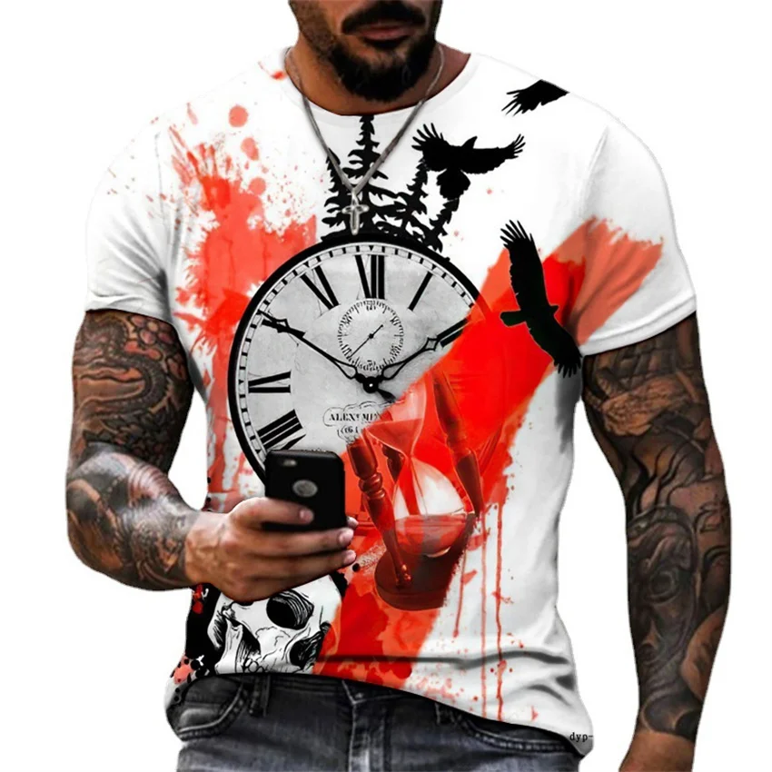 

2022 Summer new European and American style street retro fashion compass 3D printed men's T-shirt summer