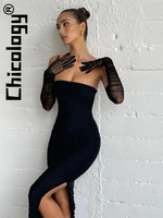 chicology 2022 women midi slit strapless dress with gloves y2k solid reched mesh elegant prom party sexy evening summer cloth