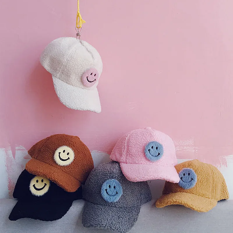 Korean Version of Furry Smiley Face, Children's Baseball Hat, Winter Lamb Fur Warm Baby Cap