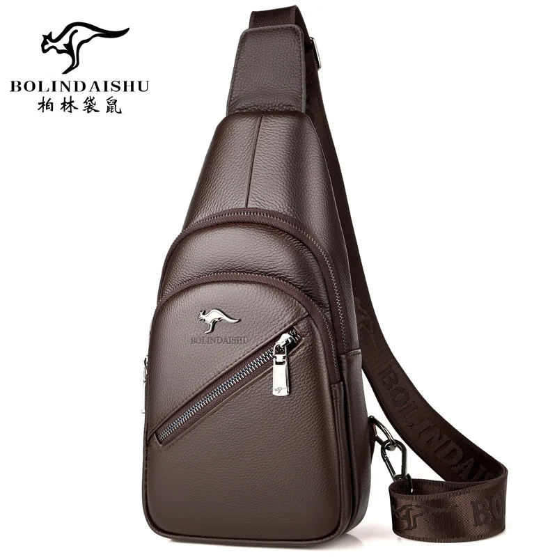 First Layer Cowhide Leather Chest Bag Men's Casual Men's Messenger Bag Cowhide Shoulder Bag Man Fashion Sports Chest Backpack