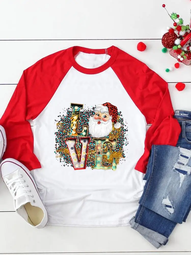 

Футболка женская с длинным рукавом, праздничный топ с надписью «Merry Christmas» и надписью «Love», с рисунком Санта Клауса, одежда с графическим при...