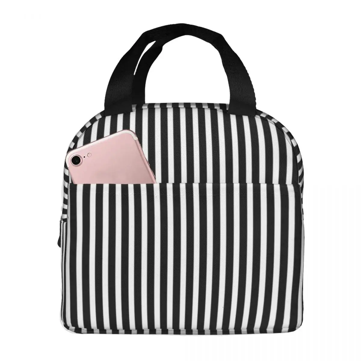 Black And White Stripe Lunch Bag Portable Insulated Canvas Cooler Bag Thermal Cold Food Picnic Tote for Women Kids