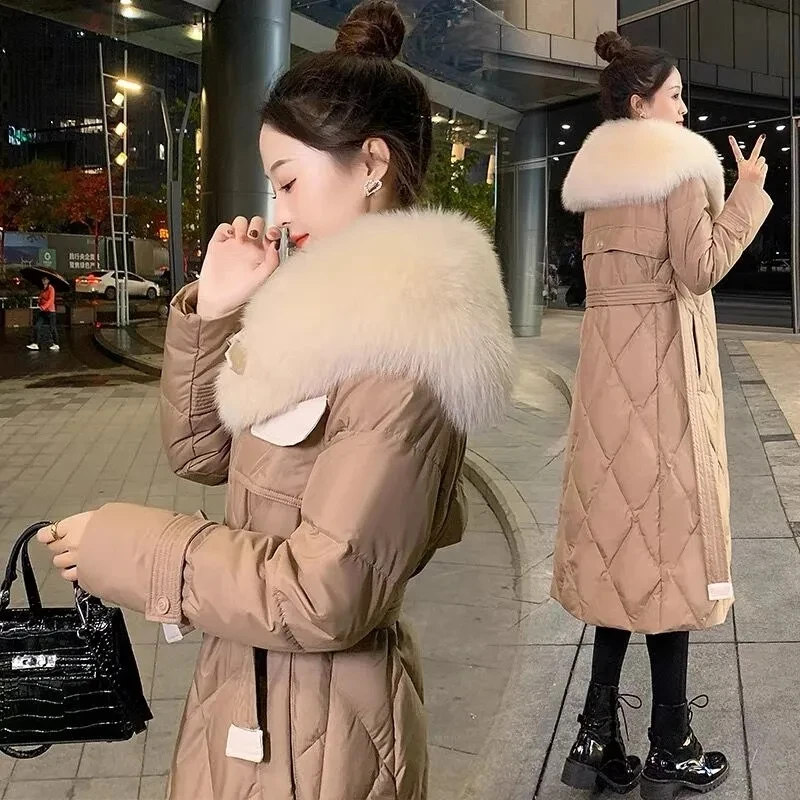 Зимнее женское пальто модная длинная талия большой меховой воротник утепленная