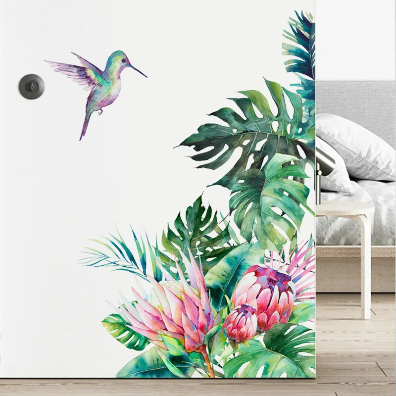 

Tropical Leaves Wall Stickers Bird Flowers Mural Wall Refrigerator Decals Removable Bedroom Living Room Decoration Home Decor