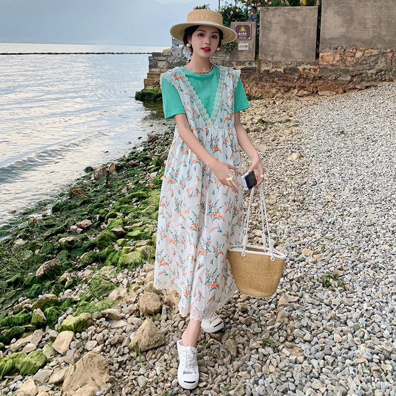 Летняя кружевная юбка-жилет с цветочным принтом средней длины |