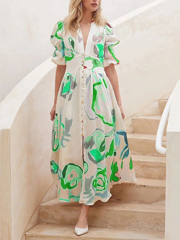 

Elegant Women V Neck High Waist Print Dress Summer Office Lady Slim Casual Long Dress 2022 Short Sleeve Patchwork Dress Vestido
