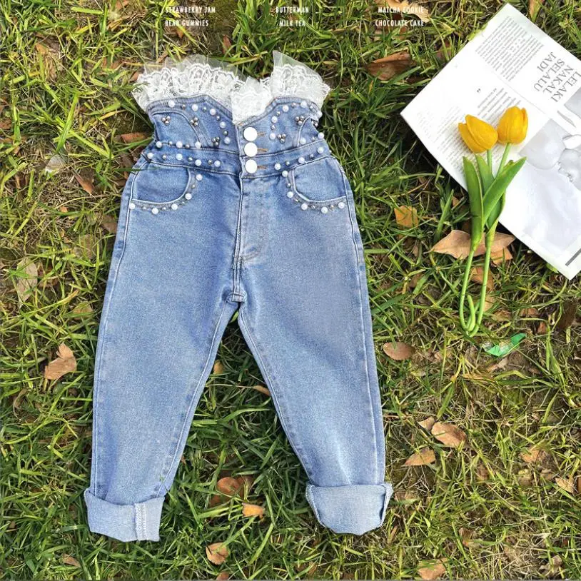 

Children Denim High Waist Pants Baby Girl Spring Autumn New Pearl Fashion Trousers Kids Jeans Lace Pants 4-12y Wz568