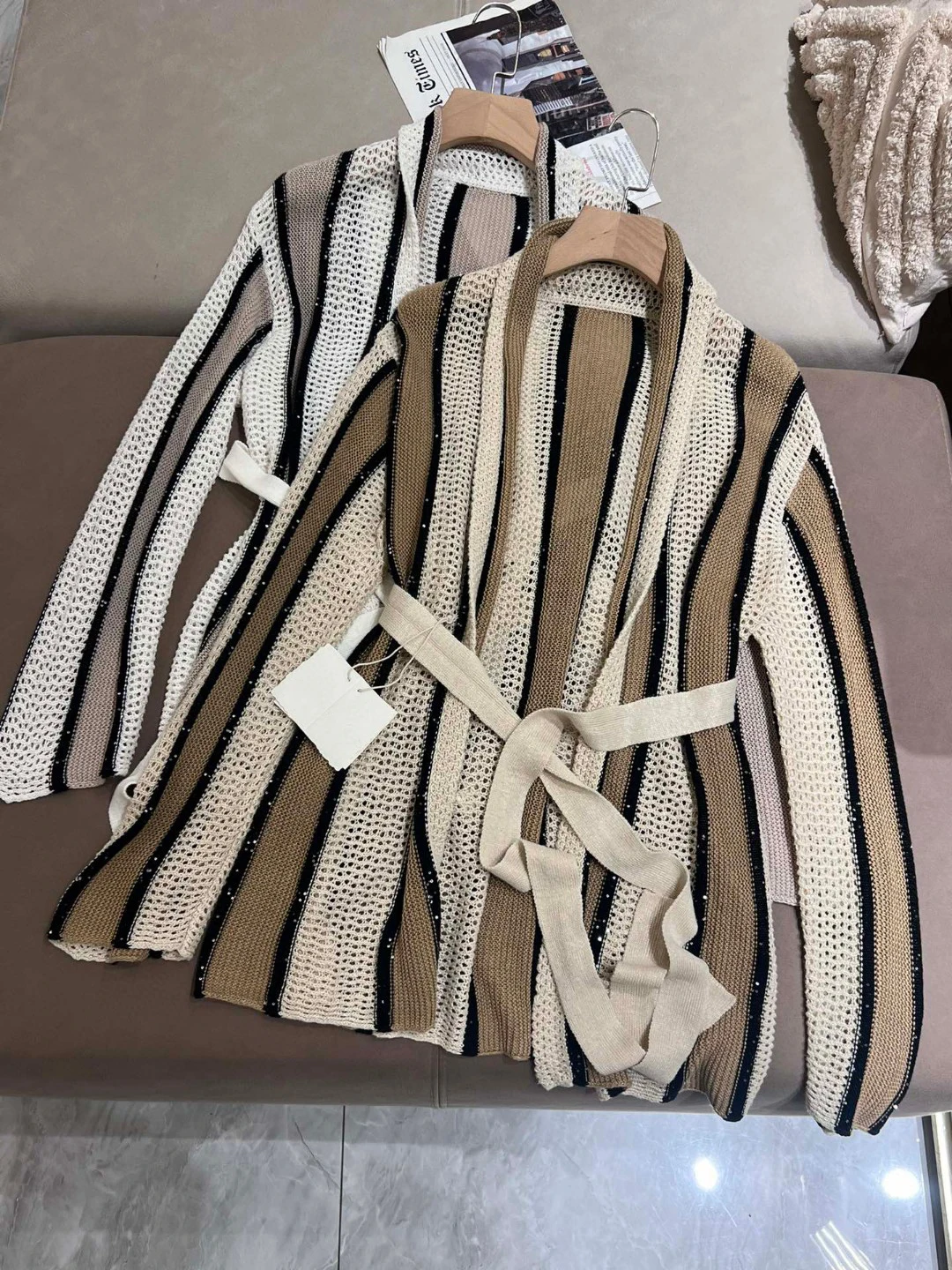 Повседневный льняной кардиган с поясом и длинным рукавом весна-лето