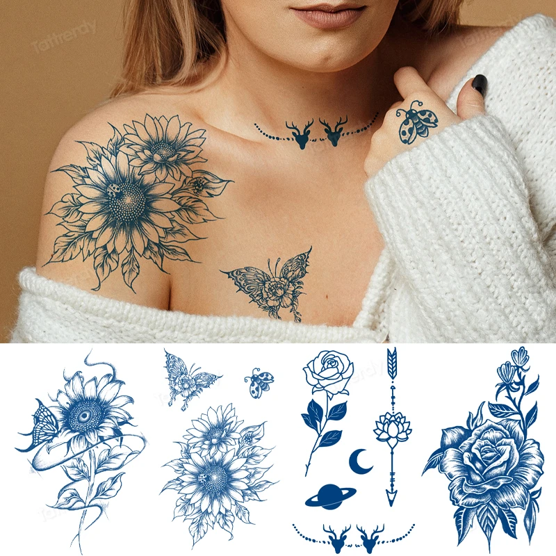 natural juice ink tattoo sticker long lasting 2 weeks sketch flowers peony rose temporary tattoos waterproof sexy body art woman