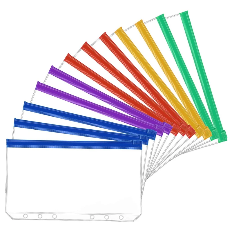 

12Pcs A6 Size 6 Holes Binder Pockets Plastic Colorful Binder Zipper Folders For 6-Ring Notebook Binder Loose Leaf Bags