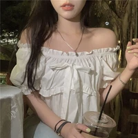 houzhou white kawaii blouses women sweet puff sleeve ruffles short sleeve shirt bow preppy style vintage slash neck sexy blouse