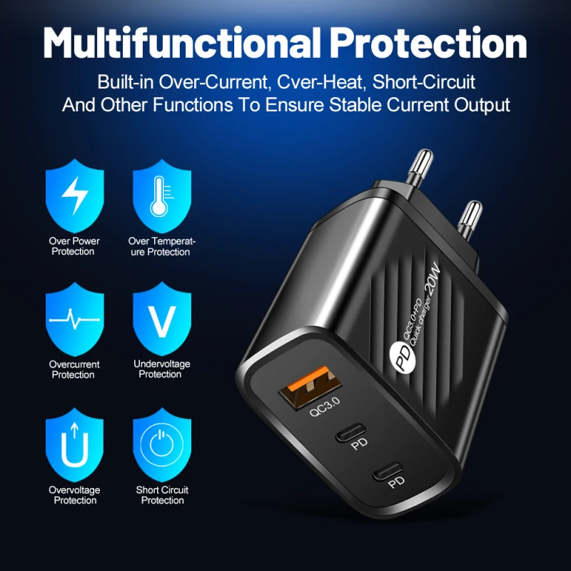 

Slant USB +2PD Type-c Phone Charger Multi-port Tablet Charger Portable 3-port Charger Intelligent Charging Travel Charger