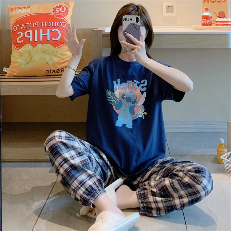 Disney Cartoon Stitch Cute Kawaii Pajama Sets for Women Summer Matching Short Sleeve Top and Plaid Pants Ladies Home Suit Casual