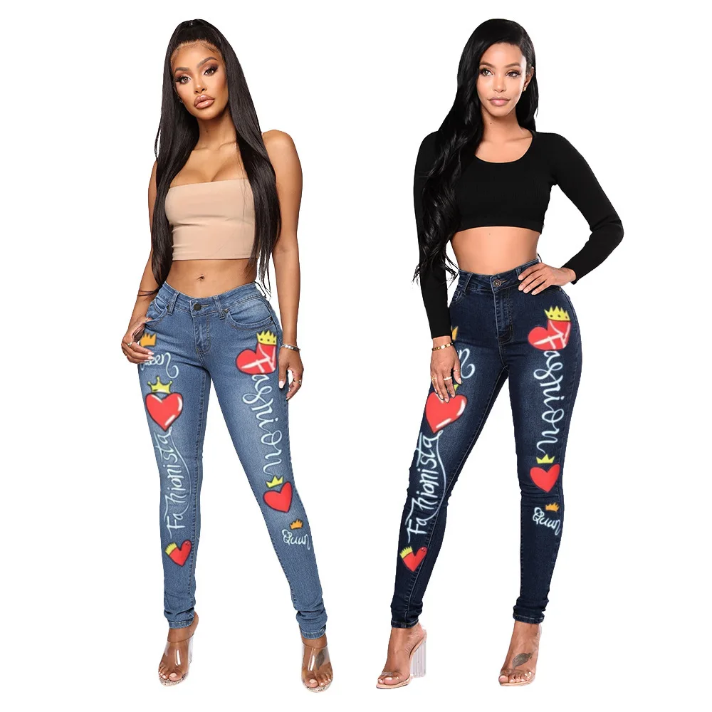 

Women's 2 Spring New Style Street Personality Letter Offset Pattern Hip Lifting Versatile Denim Leggings